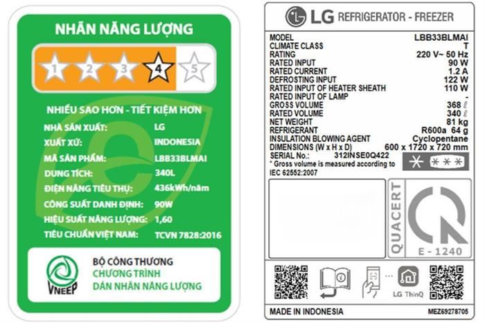 Tủ lạnh LG Inverter 335 lít LBB33BLMAI