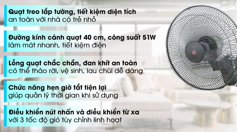 Quạt treo tường KDK M40M(BK) (Đen)
