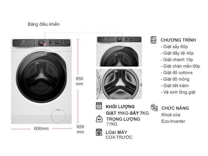 Máy giặt sấy Electrolux UltimateCare 500 Inverter giặt 11 kg - sấy 7 kg EWW1123P5WC