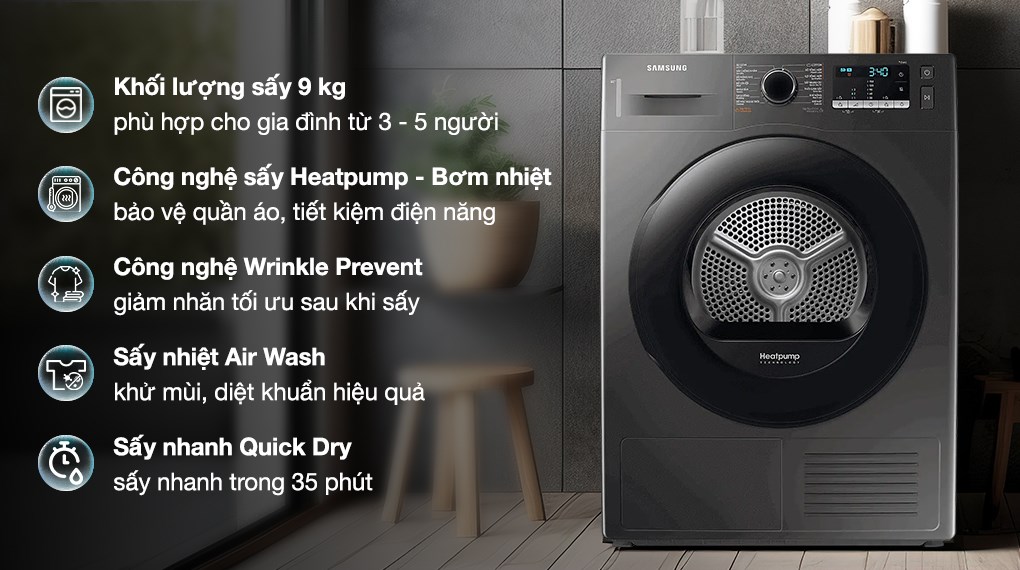 Máy sấy bơm nhiệt Samsung Inverter 9 kg DV90TA240AX/SV
