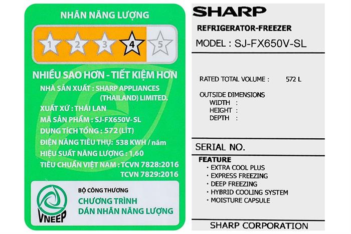 Tủ lạnh Sharp Inverter 572 lít Multi Door SJ-FXP650VG-SL