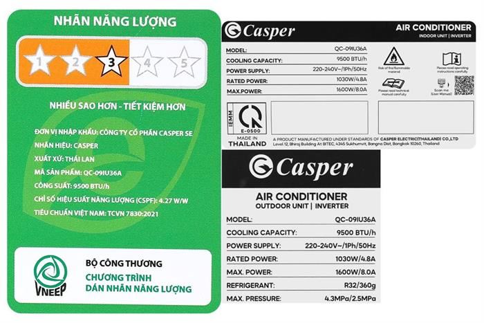 Máy lạnh Casper Inverter 1.5 HP QC-12IU36A